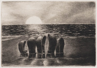 KG 1995 007
<br/>
Zonsondergang met strandstoelen
<br/>
<em>Wesseling, Riek (1914-1995)</em>
